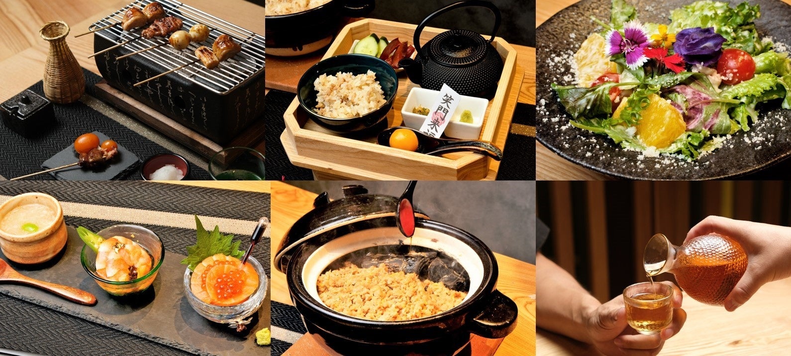 左上より時計回りに焼鳥、炊き込みご飯付け合わせ、天空サラダ、日本酒、炊き込みご飯、串休め