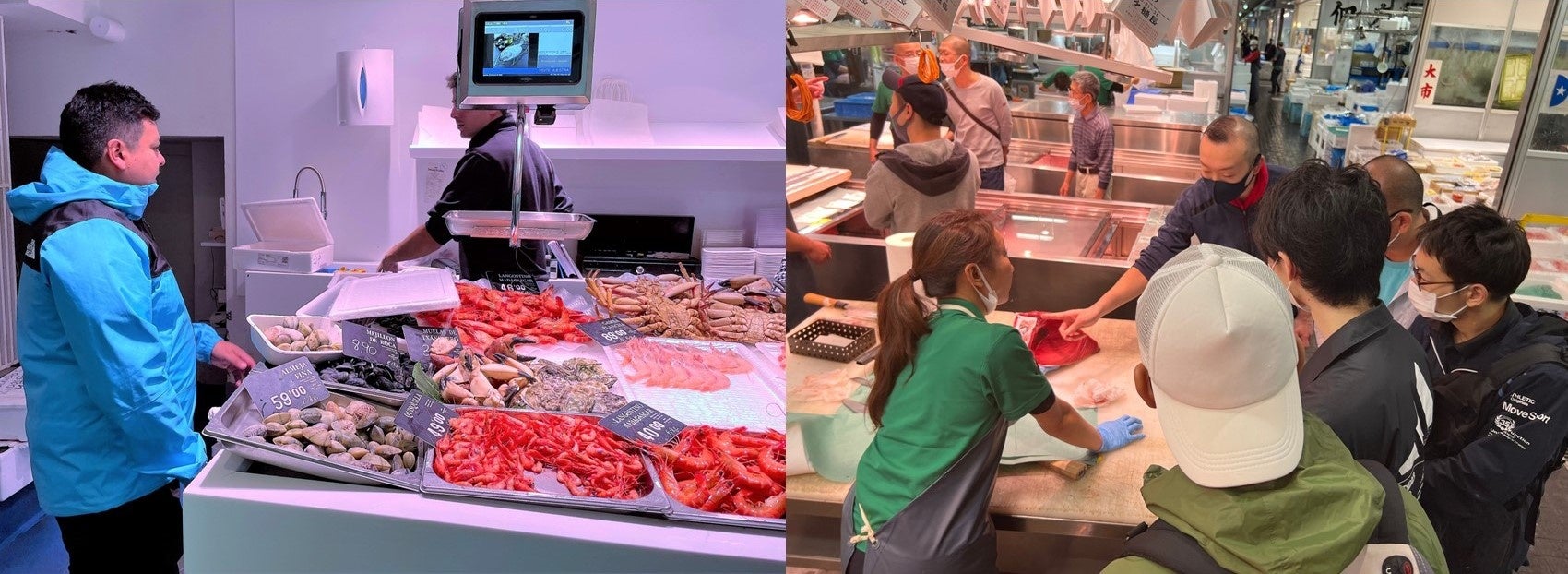 スペインの市場で仕入れを行うオーナーシェフ（左）、豊洲市場での飲食塾の課外実習（右）