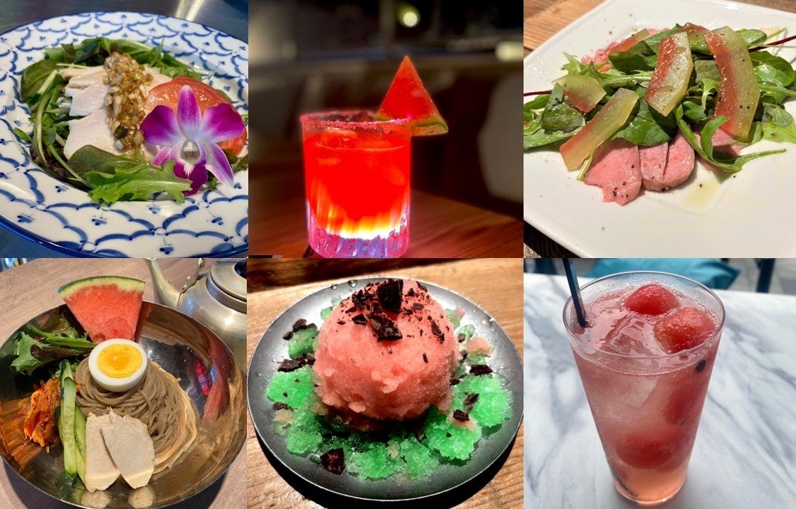 左上から時計回りに「九大ベビーリーフとヨダレ鶏〜黒酢香味だれ〜」「九大スイカのサマーソルティドッグ」「九大スイカのピクルスと糸島豚と九大ベリーリーフ」「九大スイカの爽快サワー」「九大スイカのジェラート」「ソルファの冷麺」