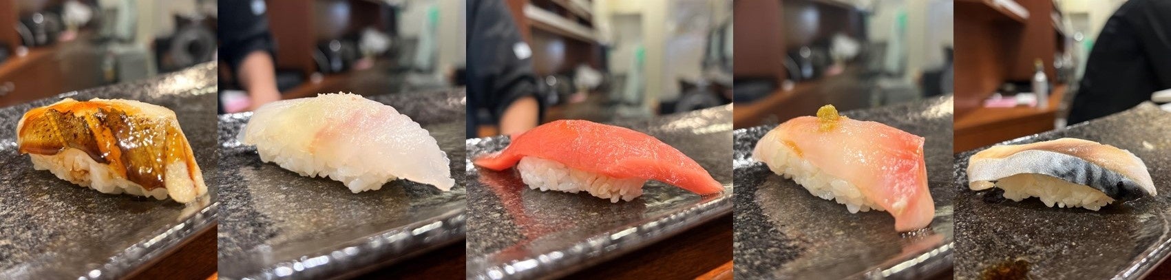 写真左から穴子、白寿真鯛（熟成魚）、赤身、かんぱち（熟成魚）、〆さばの握り