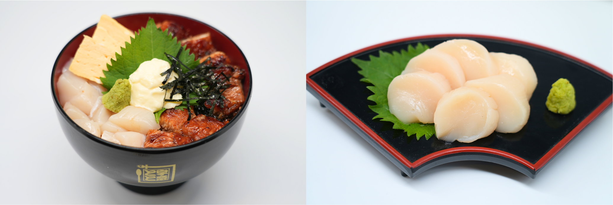 左：うな飯増しとプリプリホタテの相盛り丼、右：北海道産帆立のお造り