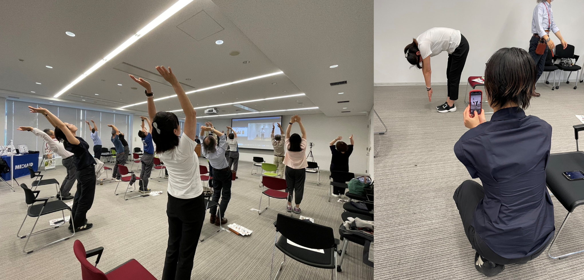 ▲運動プログラム実施前後には腰痛動作のリスクセルフチェック。2人組で姿勢を確認。