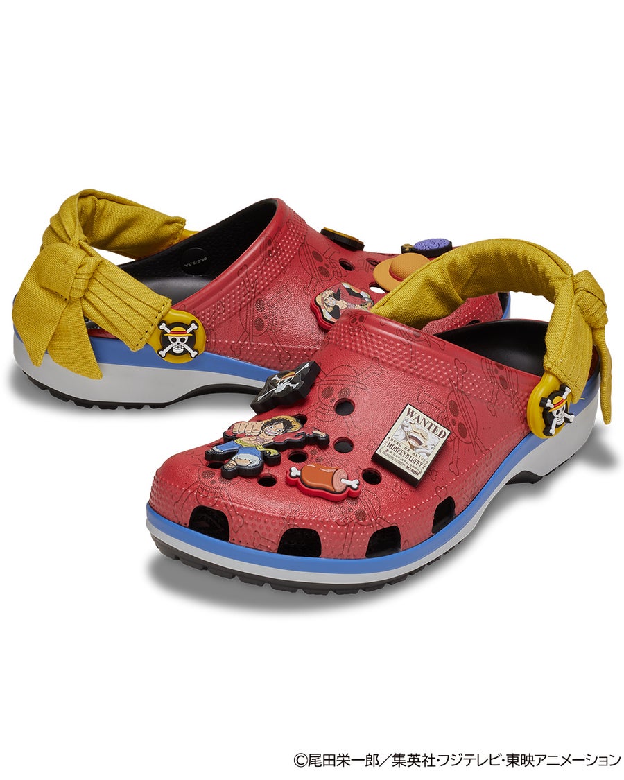 Official Luffy Classic Clog, side view with character charms and yellow strap