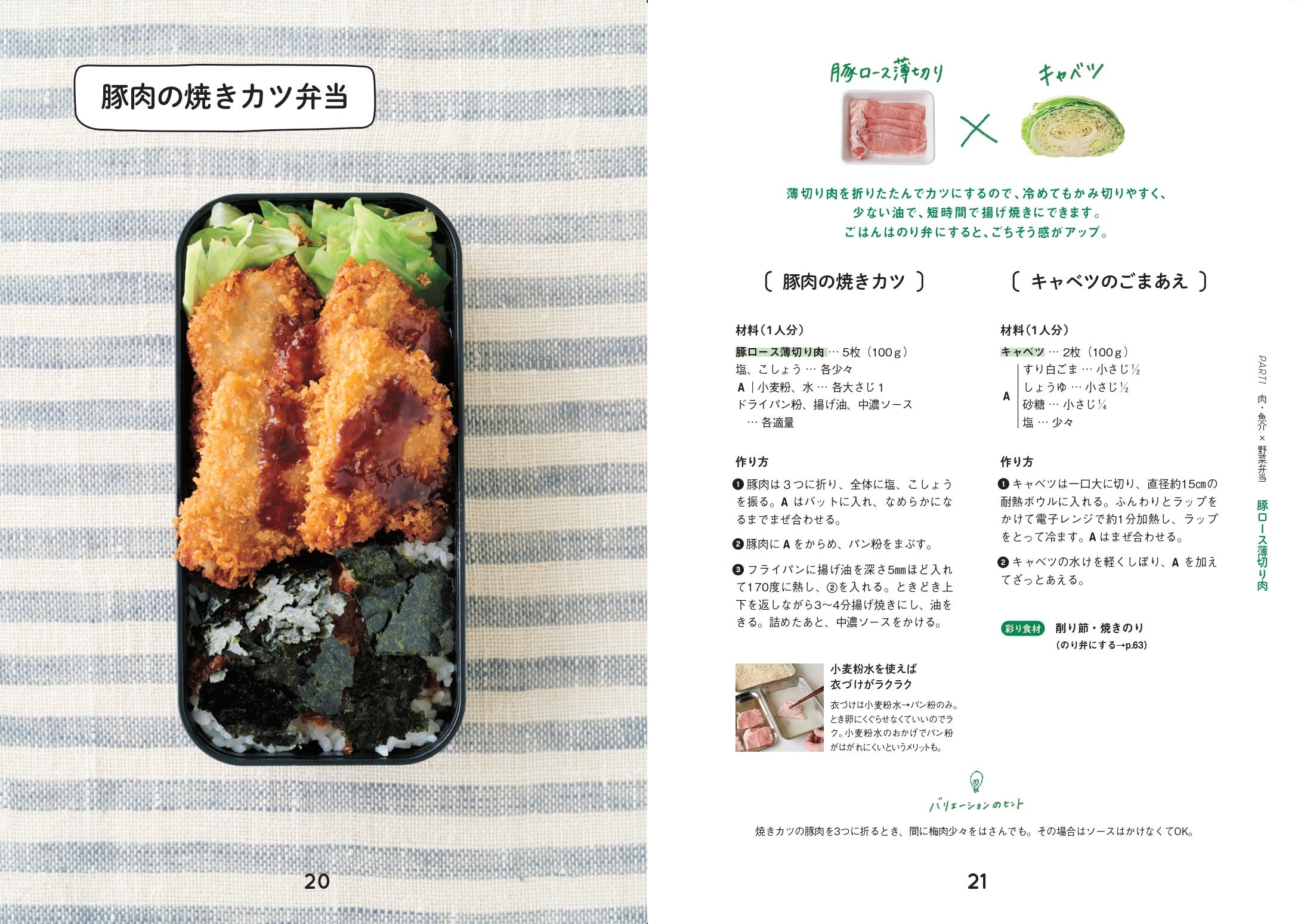ちょっと豪華な焼きカツ弁当は、ロース薄切り肉を三つ折りにして。卵の衣は使わずに小麦粉水を使うから、朝の揚げ物もラクラクです。