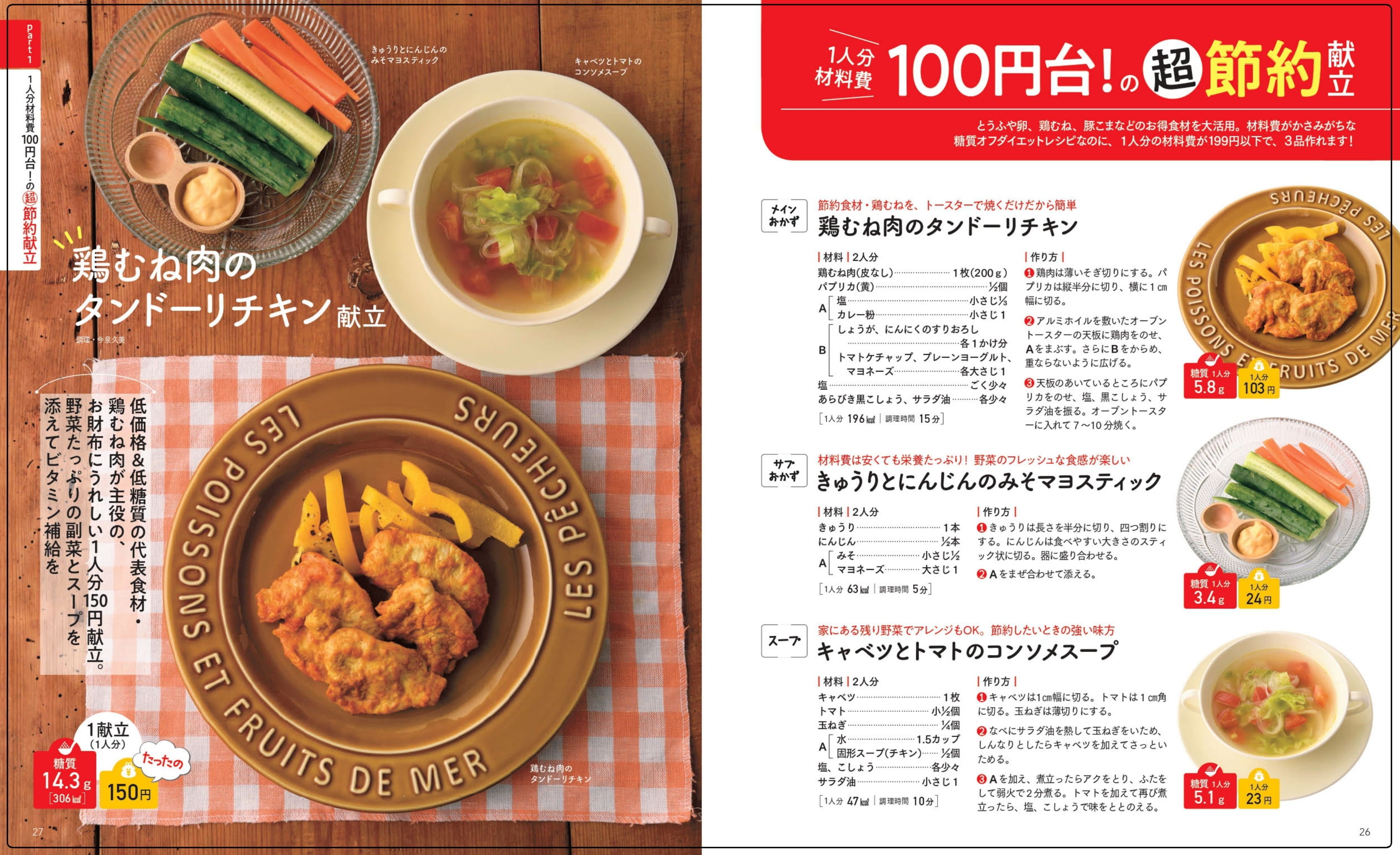 「鶏むね肉のタンドーリチキン献立」 〈１献立（１人分）あたりの材料費：150円、糖質14.3ｇ〉