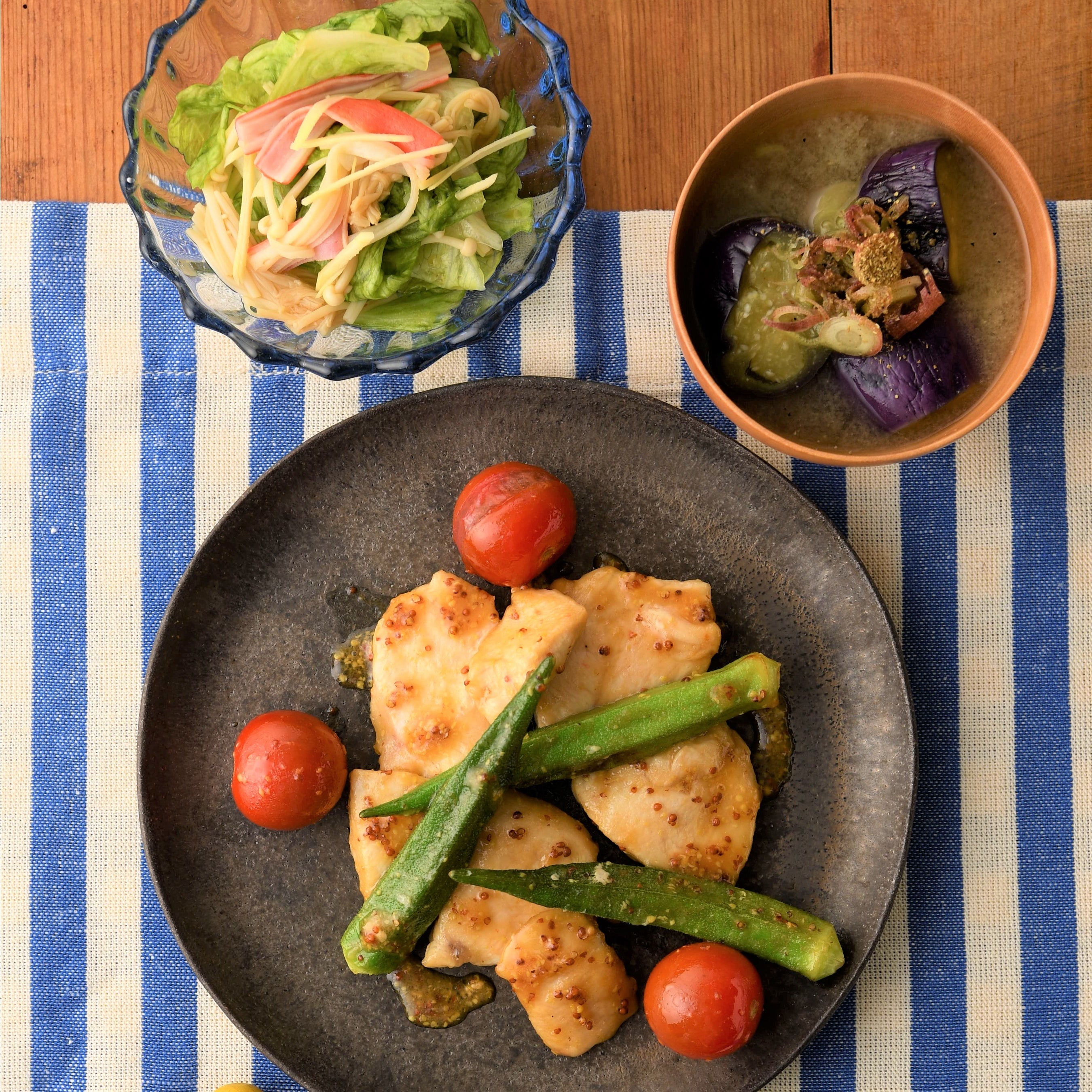 【30分で３品献立】 「鶏むね肉のマスタード照り焼き献立」 〈１献立（１人分）あたりの糖質：15.5ｇ、材料費237円〉