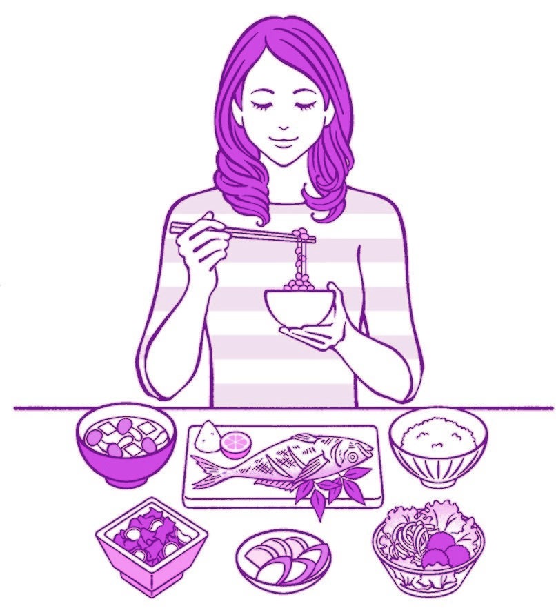 魚などのタンパク質食を中心に、海藻やきのこ、納豆といった食物繊維の豊富な食事をとる