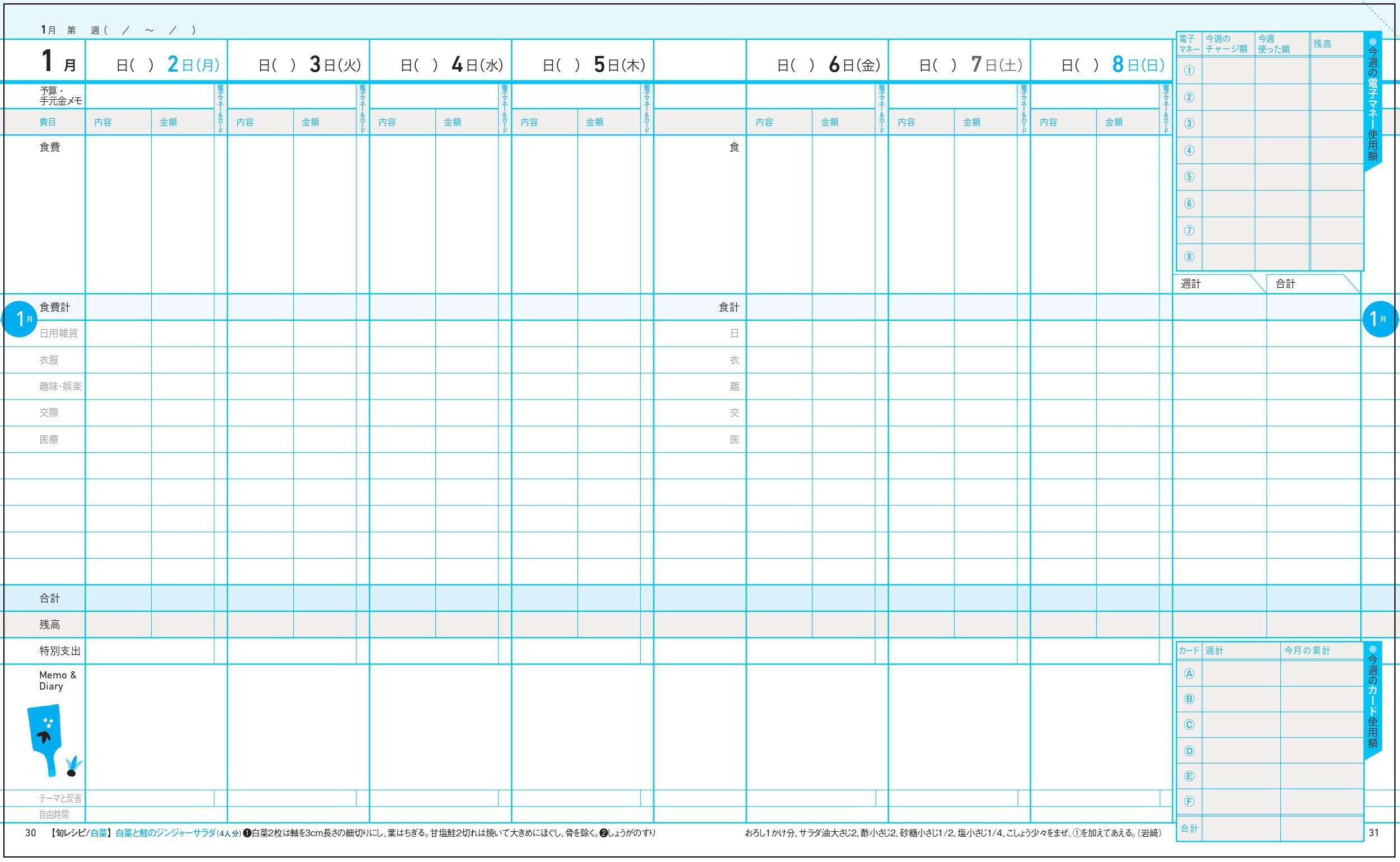 毎日の記帳欄は、費目の設定のほか、月の始まりを「給料日から」など自由に設定が可能