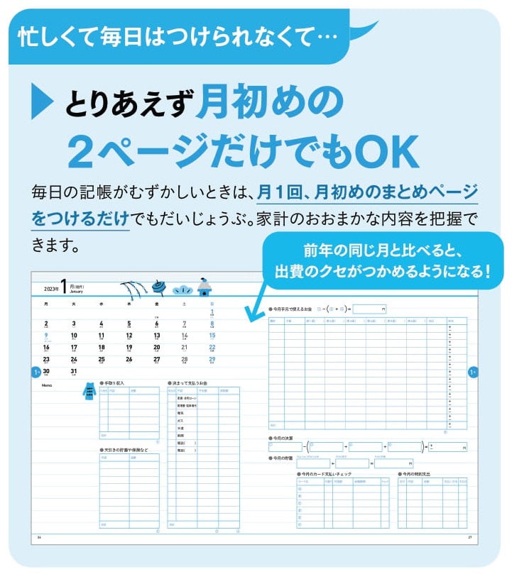 忙しいときは、月1回、月初のまとめページをつけるだけでも家計を把握できます