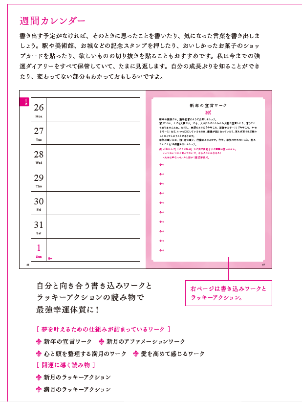 週間カレンダーの右ページには、ワークや読み物が重実