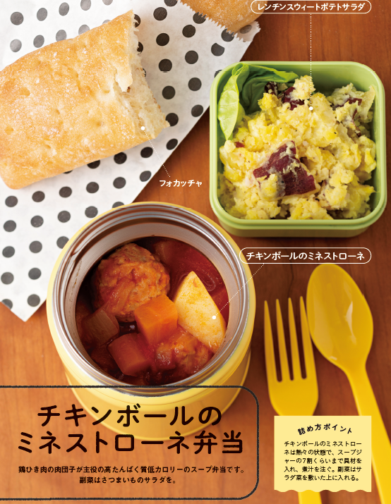  チキンボールのミネストローネとレンチンスイートポテトサラダ。