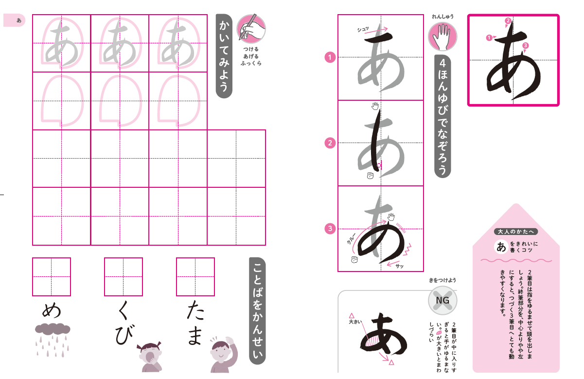 まずは、書き順を確認。それから、手を開いたり閉じたりして力加減を確認しながら４本指でなぞりましょう。どこで力を入れるのかがわかるから、筆記具を持ったときにも、とめ、はね、払いがしやすくなることでしょう。大人の方は、きれいな字の書き方もチェックして気をつけて