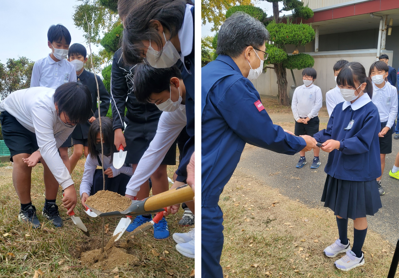 左：植樹式の様子、右：植樹の記念プレートを授与