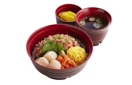 北海道産ホタテとねぎトロのサーモン丼（お吸い物・漬物付)