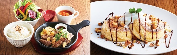 【左】牛フィレ肉のカットステーキ～スキレット仕立て～【右】チョコパンケーキ～自家製クランブル&ナッツ～