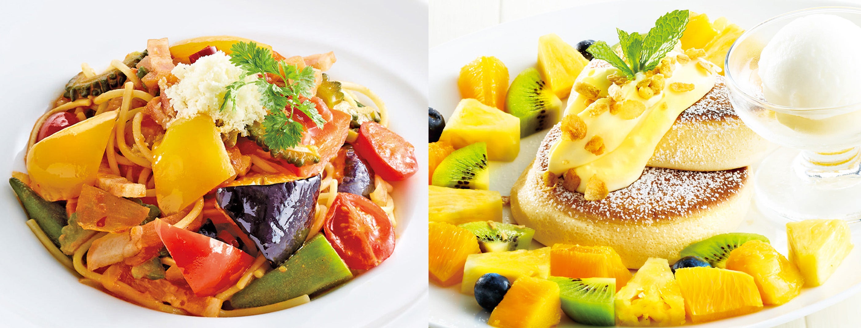 【左】7種夏野菜と厚切りベーコンのアラビアータ【右】瀬戸内レモンクリームパンケーキ～レモンシャーベット添え～