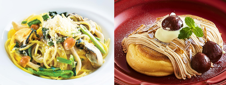 左：牡蠣とほうれん草のクリームパスタ、右：栗薫るモンブランパンケーキ