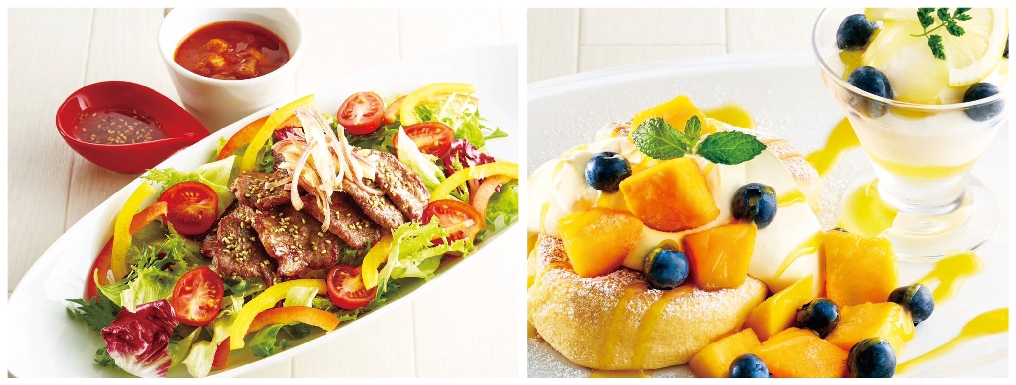 (左)やわらか牛ロースのライスボール　(右)たっぷりマンゴーのパンケーキ(2枚)～瀬戸内レモンシャーベット添え