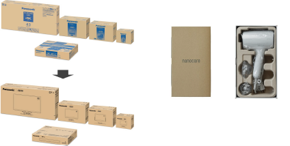 左：印刷をシンプルにし、インク使⽤量、印刷のための樹脂版の削減。 右：印刷塗料削減・緩衝材をパルプに変更。包装材のプラスチック使⽤量 約95%削減。