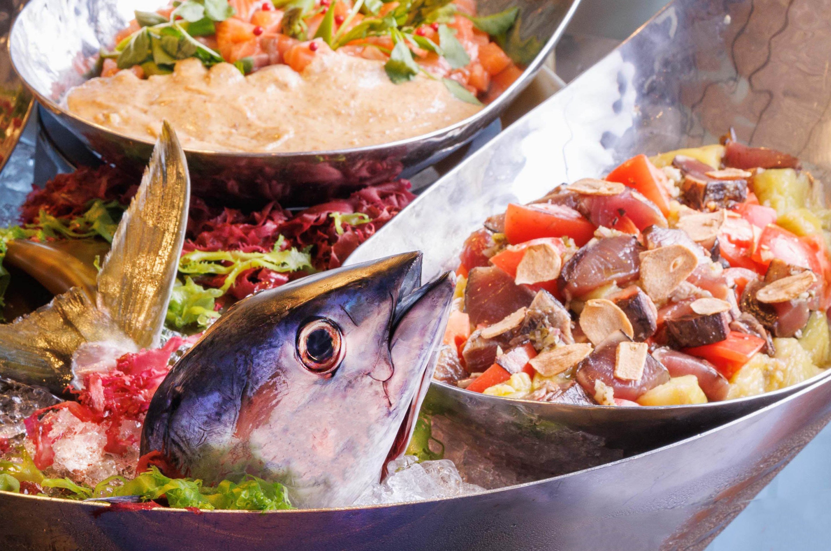 初鰹のレアサラダ　トマトと茄子　ガーリックソース