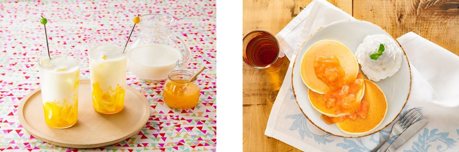 マンゴー＆パッションフルーツのラッシー風／白桃＆グァバのパンケーキ