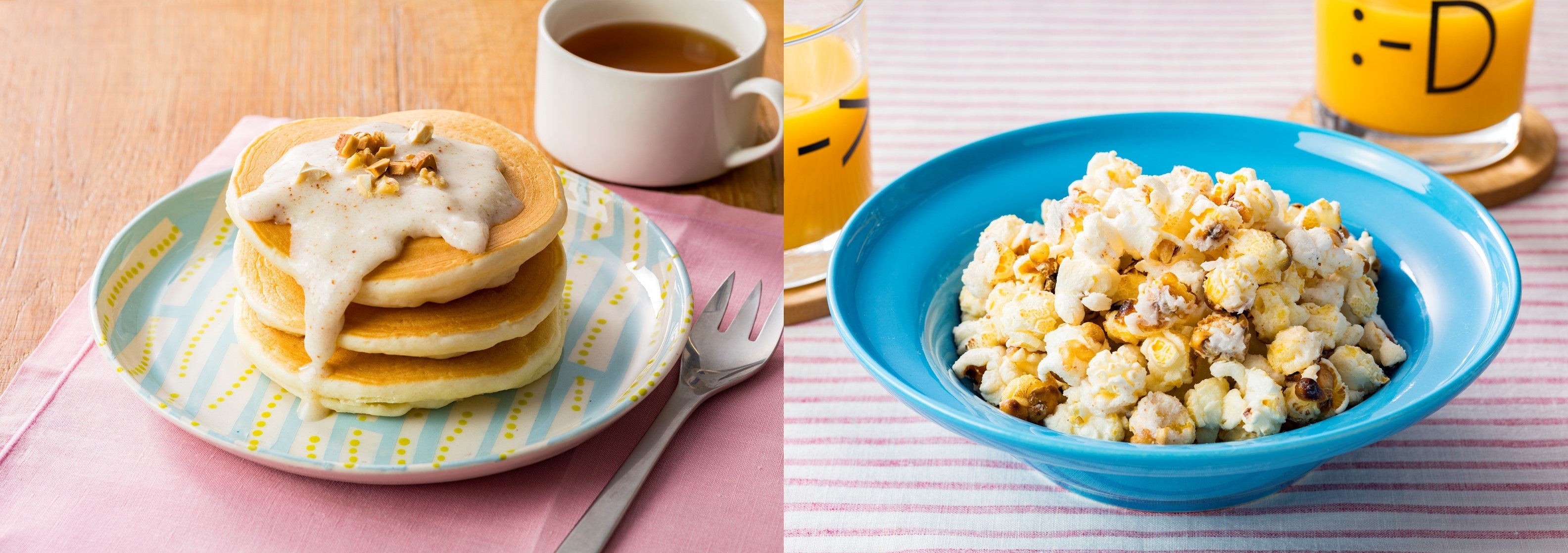 メニュー例：ココナッツパンケーキ、ココナッツポップコーン