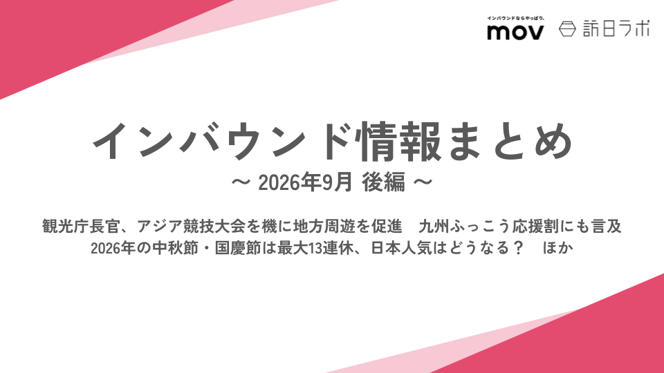 観光庁長官、アジア競技大会を機に地方周遊を促進 九州ふっこう応援割にも言及 / 今年の中秋節・国慶節は最大13連休、日本人気は？ ほか：インバウンド情報まとめ「2026年9月後編」を訪日ラボが公開