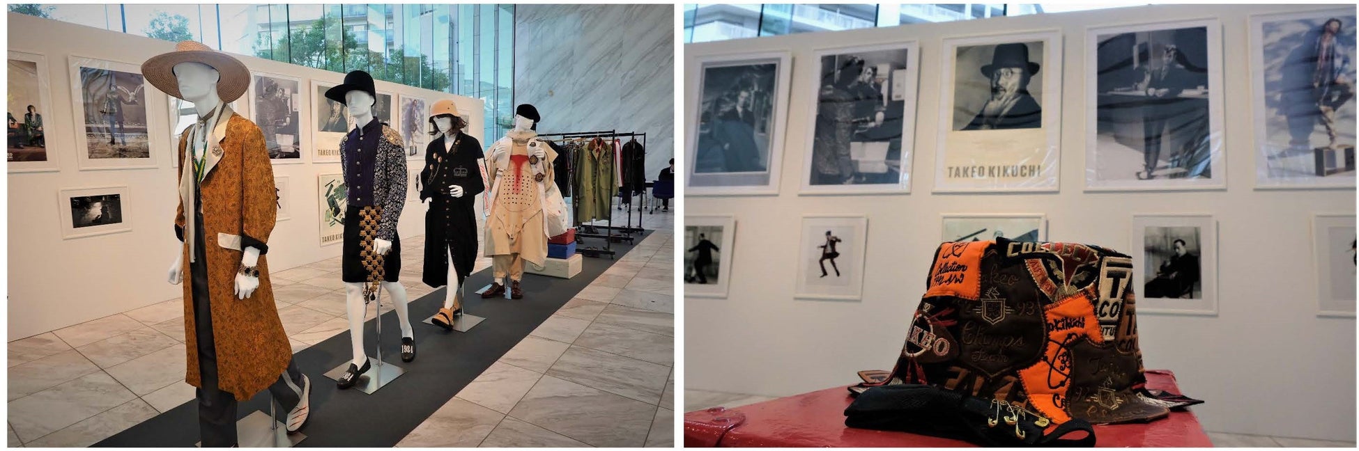 左)TAKEO KIKUCHIのコレクションスタイリング 右)写真家アーヴィング・ペンによる40歳の頃の菊池武夫のポートレイトも