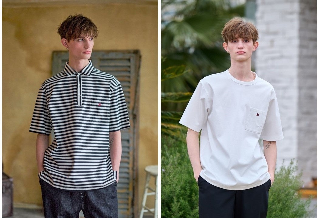 左から　「ドレステリア」メンズ オーバーフィットボーダーポロシャツ ¥12,100 　 ポケットTシャツ ¥7,700（税込）