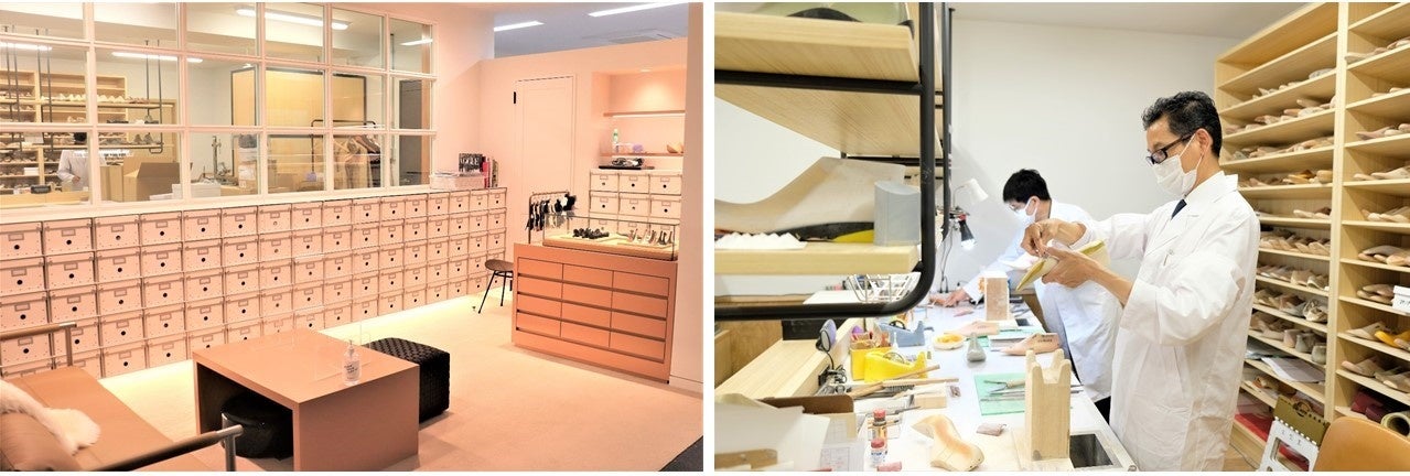 神戸レザークロス　東京オフィス（東京都台東区寿2-10-16フォーラム浅草田原町6階　約48坪） 左）カスタムオーダーを受け付ける「gauge　LABO（ゲージ ラボ）」　右）木型室