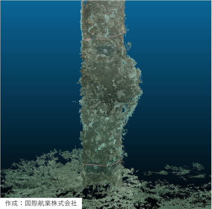 3次元点群データ化された鋼管杭。防食用の陽極なども確認できます。