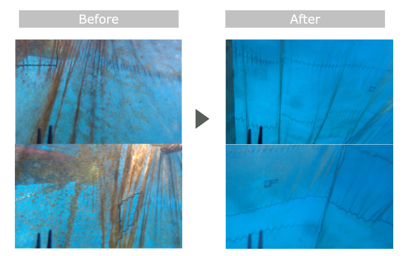 水中ドローン「DiveUnit300」に搭載した高圧洗浄機による網の清掃前と後