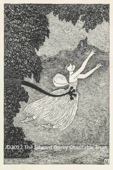 「無題(妖精のようなバレリーナ)」/1980年代頃/ペン、インク、紙 ©2022 The Edward Gorey Charitable Trust