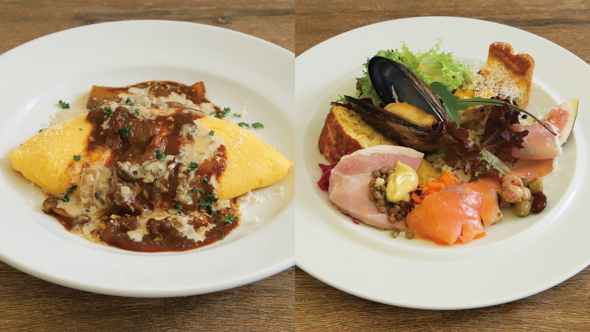 オムレツ 豚肉とキノコのデミグラスとマッシュルームのクリームソース　1298円　／　64デリプレート　1738円