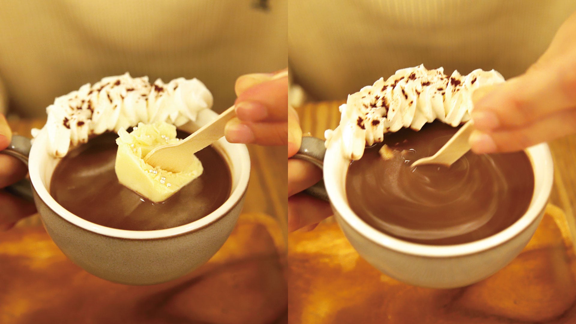 スプーンで混ぜてチョコレートの甘さをプラス。味変を楽しんで。