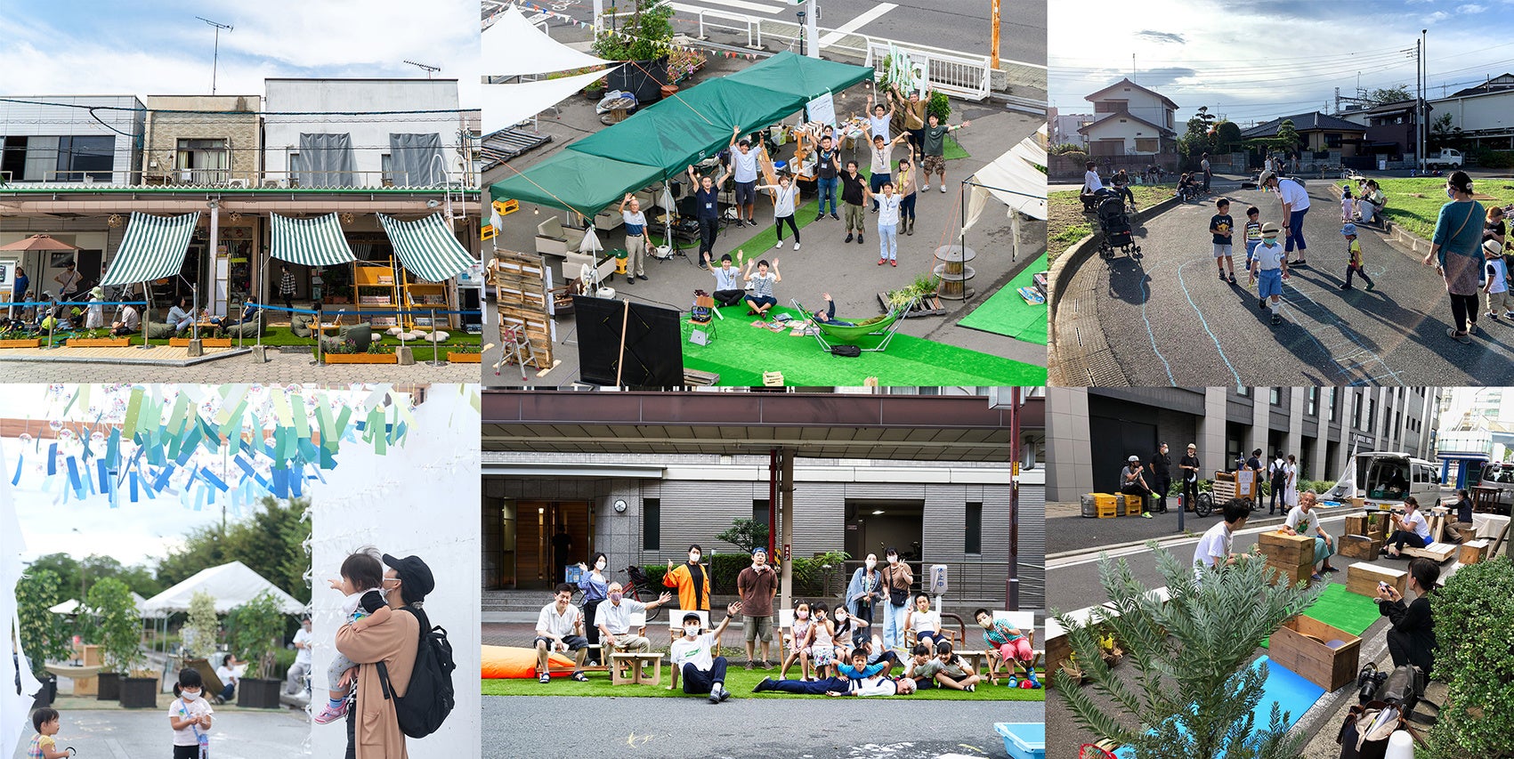 Park(ing)Day2020全国6都市（＜左上から時計回りに＞竹原、倉敷、八千代、横浜、四日市、長浜）