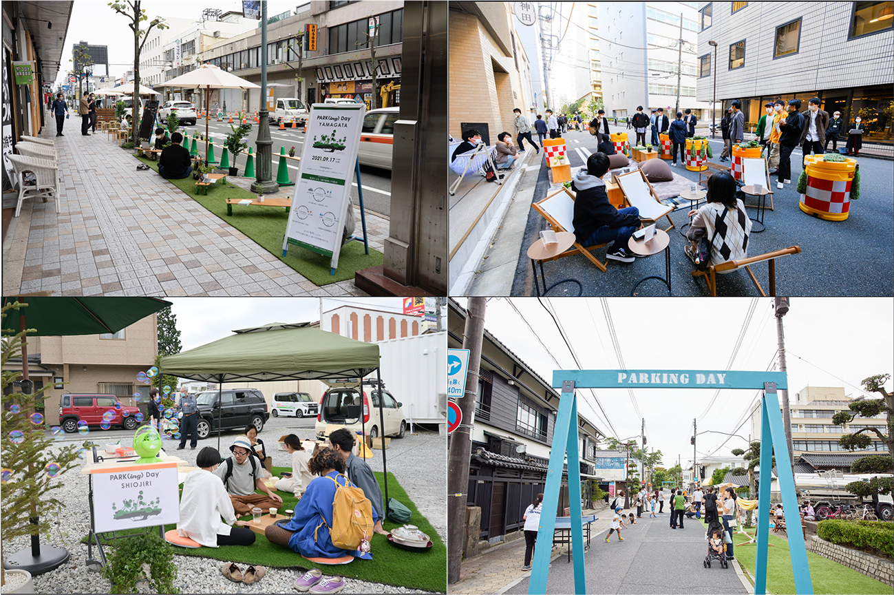 Park(ing)Day2021全国4都市（＜左上から時計回りに＞山形、神田、米子、塩尻）