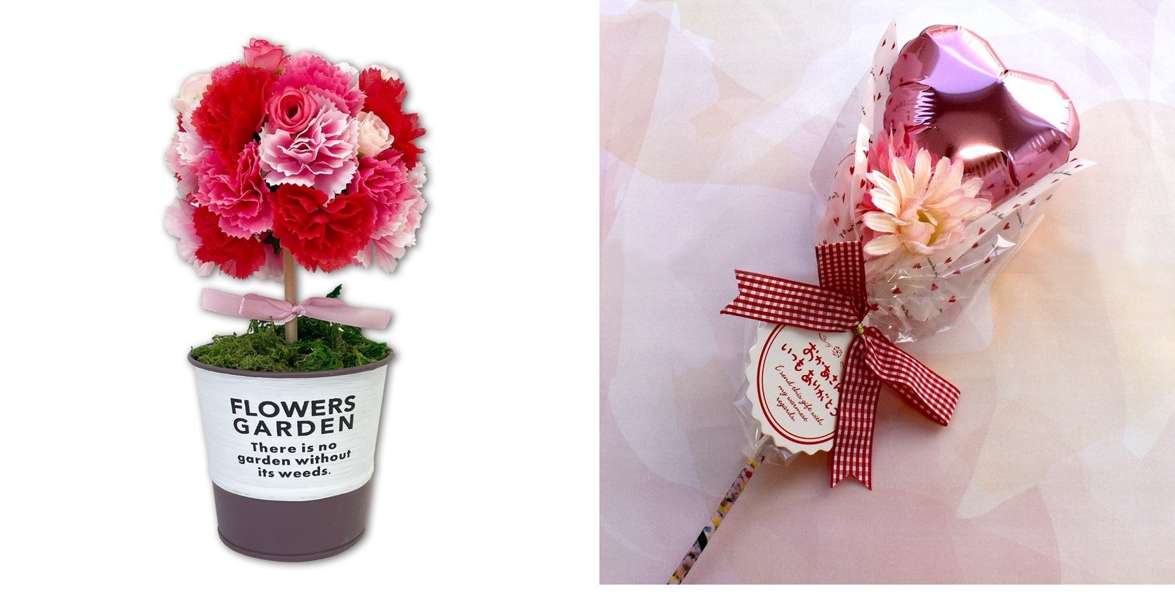 左：お花のトピアリーづくり　右：フラワーブーケづくり