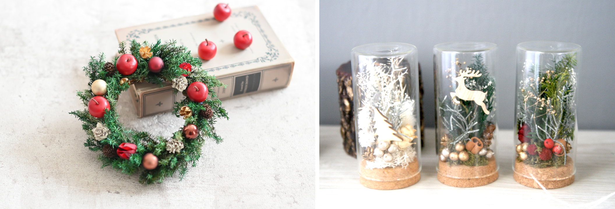 左：プリザーブドフラワーのクリスマスリース作り　右：ガラスボトルのクリスマスアレンジ作り