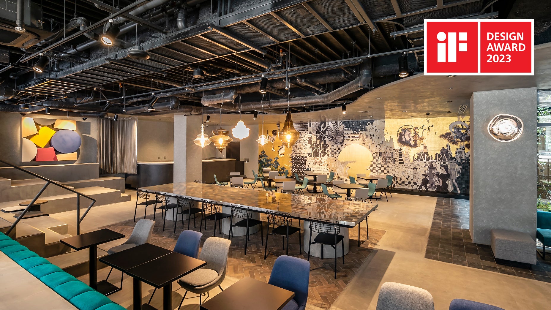 京都をモチーフとしながらも現代的で斬新な印象のさまざまなインテリアやアート作品が独自の世界観を演出している、ロビー&レストランエリア(1F)