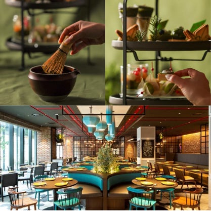 （左上）ウェルカムドリンク「点茶」イメージ（右上）抹茶スイーツイメージ（下）TIDE TABLE Shiomi店内イメージ