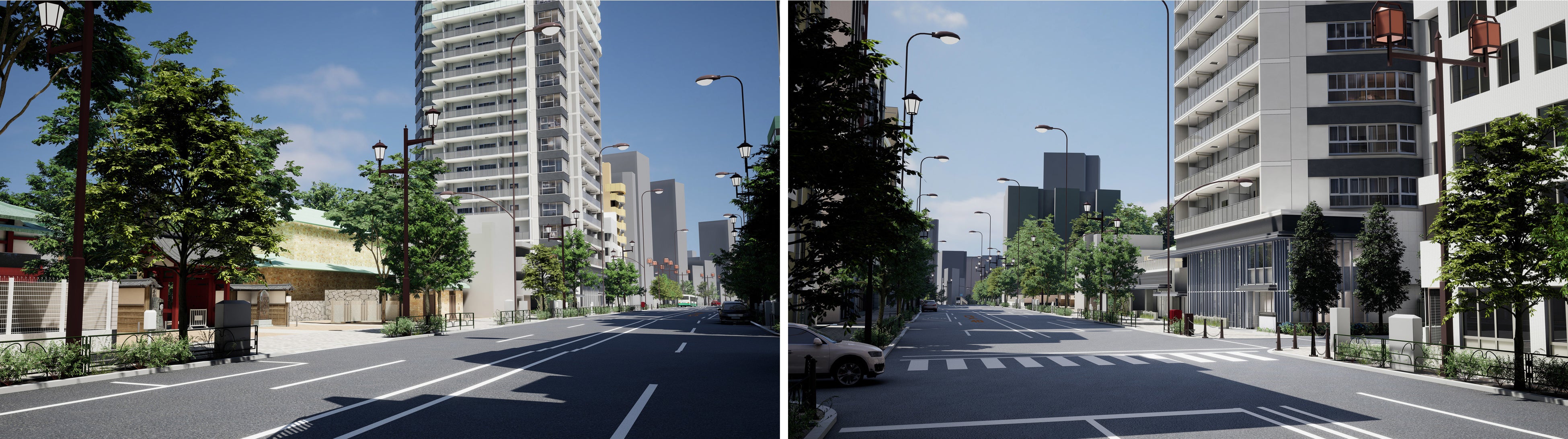 人の目線で道路や外観周り、エントランスホール内を自由に歩き回れるVRウォークスルーのシーン