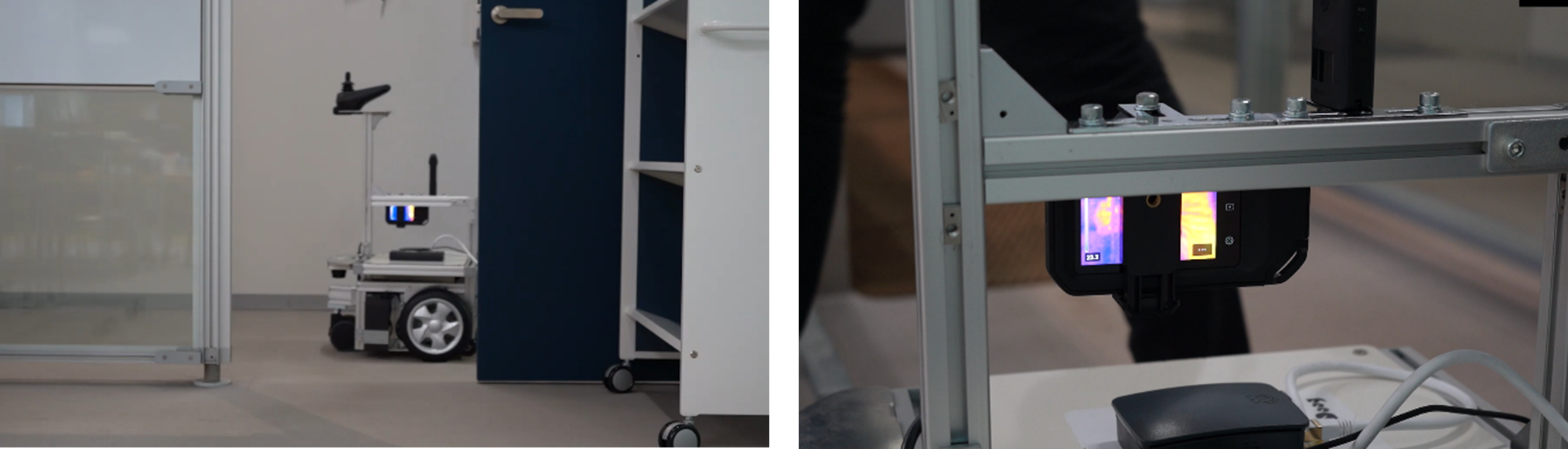 ・全自動でフロア周回しデータ収集。途中でネットワークが切れても、走行とセンサーアクションは継続実行（左）　 ・さまざまなセンサーを搭載し、BEPで一括管理。人や障害物も検知（右）