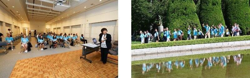 (左)平和学習　熱心に耳を傾ける学生 (右)平和記念公園を見学する様子