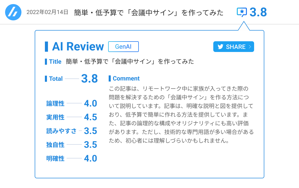 ほしい人コメントひ ITエンジニアの技術記事を5点満点で採点し、評価コメントを生成