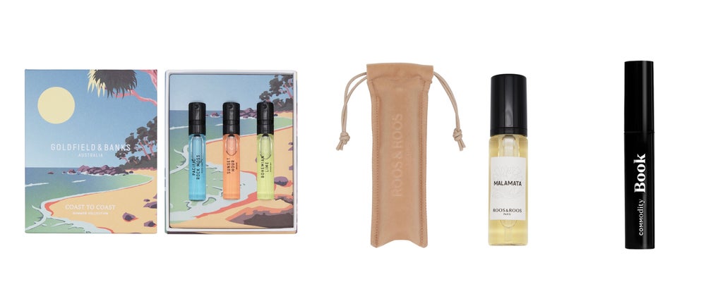 (画像左から)Goldfield & Banks コースト トゥ コースト サンプルセット2026(2ml×3本)、Roos & Roos マラマタ トラベルサイズ(10ml)、Commodity ミニ香水(5ml)