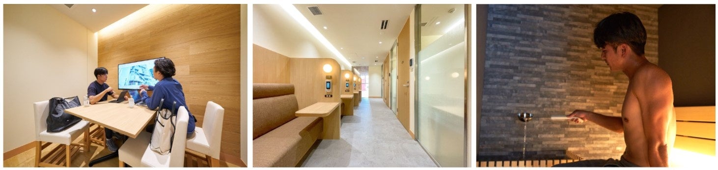 最大4人で利用できる会議室(左)個人利用可能なブース席4席・個室6室(中央)仕事のあとは個室サウナでリラックス。フィンランドメーカー「SAWO」製サウナストーブ使用(右)