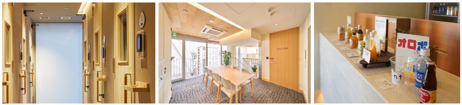 貸切プランで利用できるハイブリッド個室サウナは、男性15室、女性７室(左)浅草の街が見渡せる展望ラウンジ(中央)体に優しいこだわりのドリンクを用意(右)