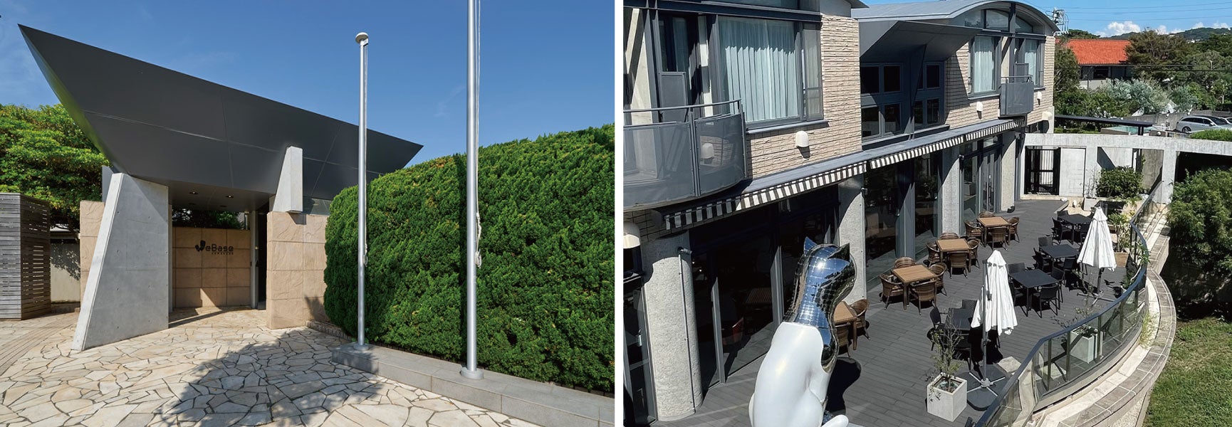 ホテルのエントランスと館内テラス