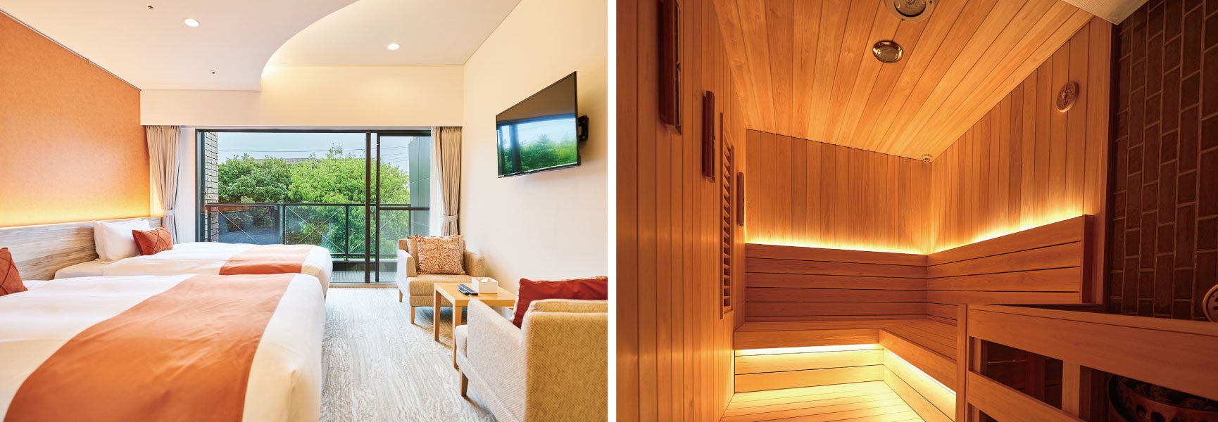 天井が高く、広々とした客室（スーペリアツインルーム）とドライサウナ